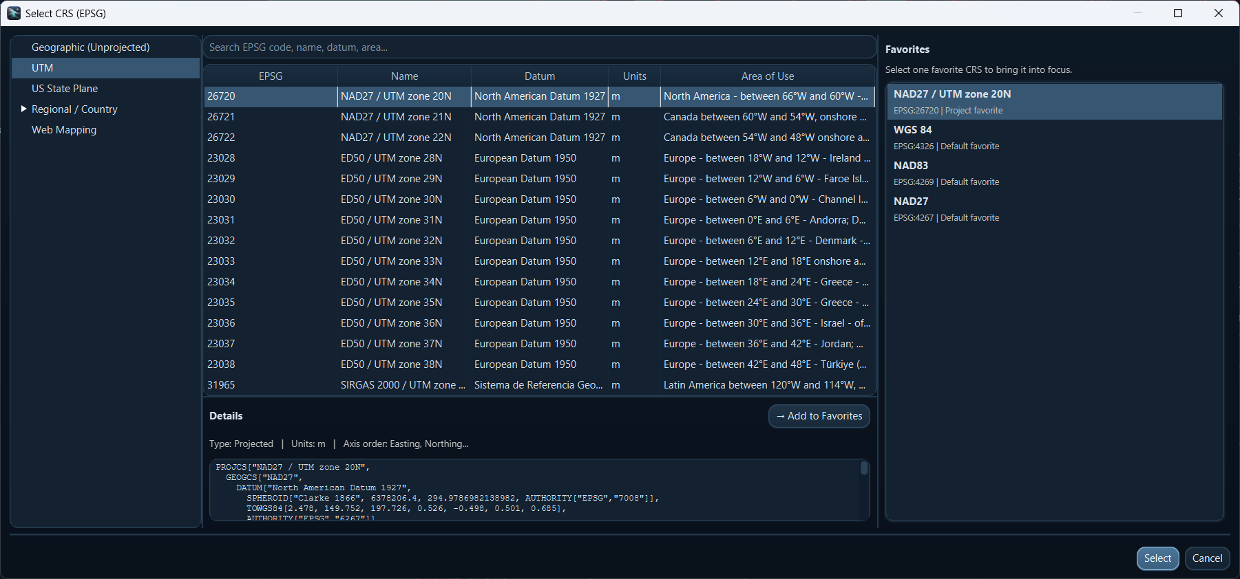 Meridian's CRS selection dialog with a searchable EPSG library, WKT details, and a favorites list