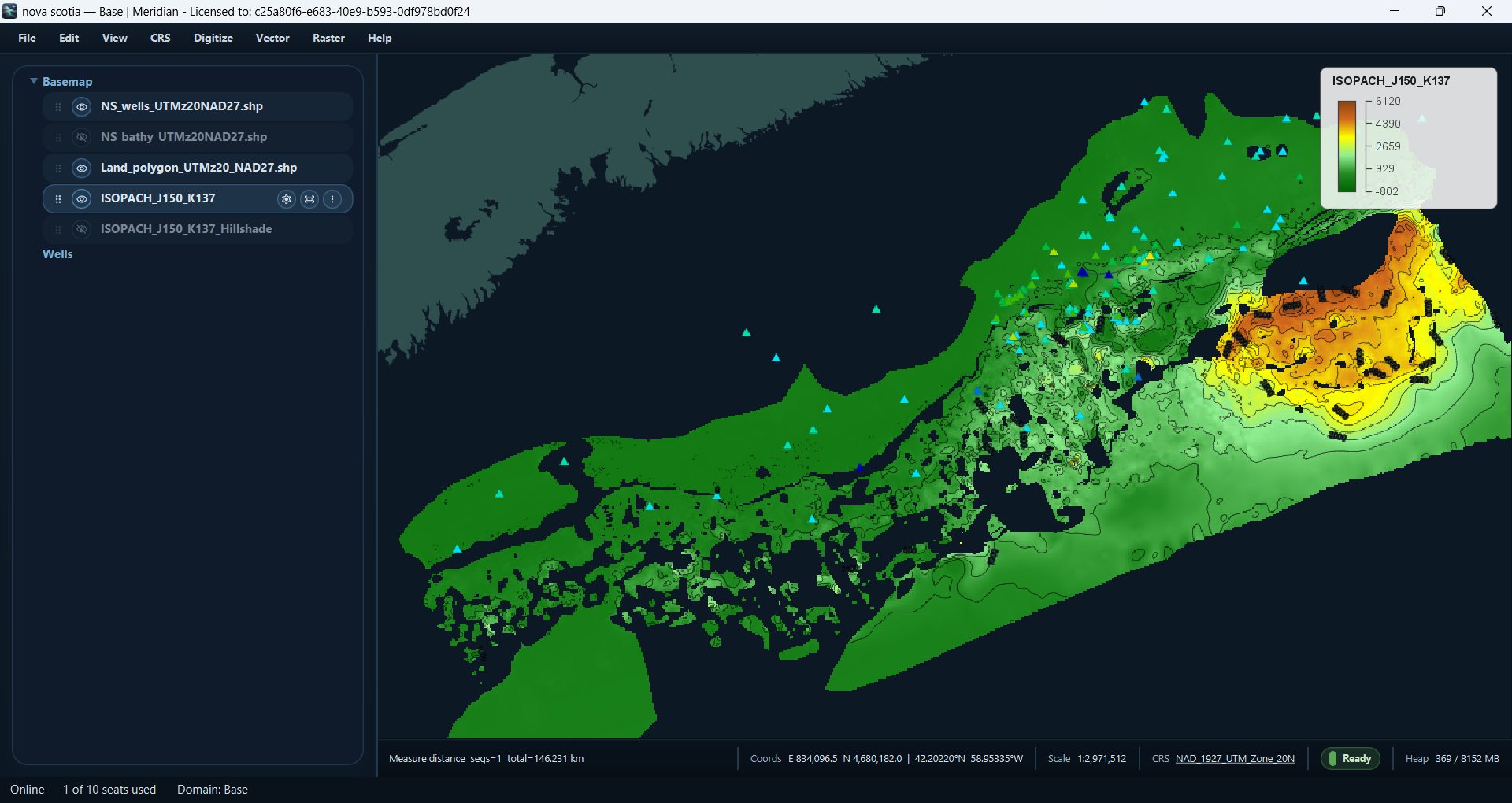 A color-mapped isopach grid with contour lines and a floating legend in Meridian GIS