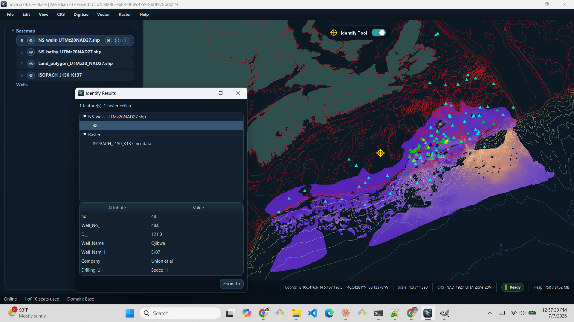 Identify Results dialog in Meridian GIS showing well attributes and raster values for a clicked map location