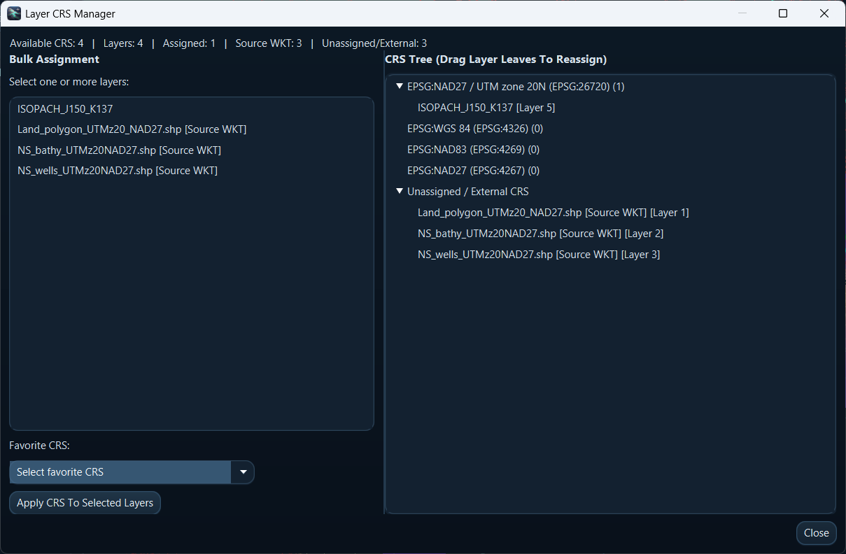 Layer CRS Manager in Meridian GIS showing layers grouped by coordinate system with drag-to-reassign