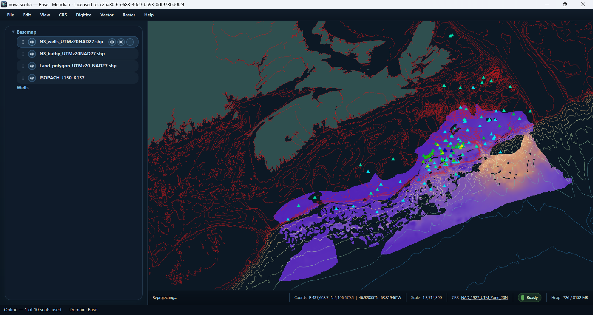 Meridian GIS showing an offshore Nova Scotia basin study: layered shapefiles, bathymetry contours, and a color-mapped isopach grid