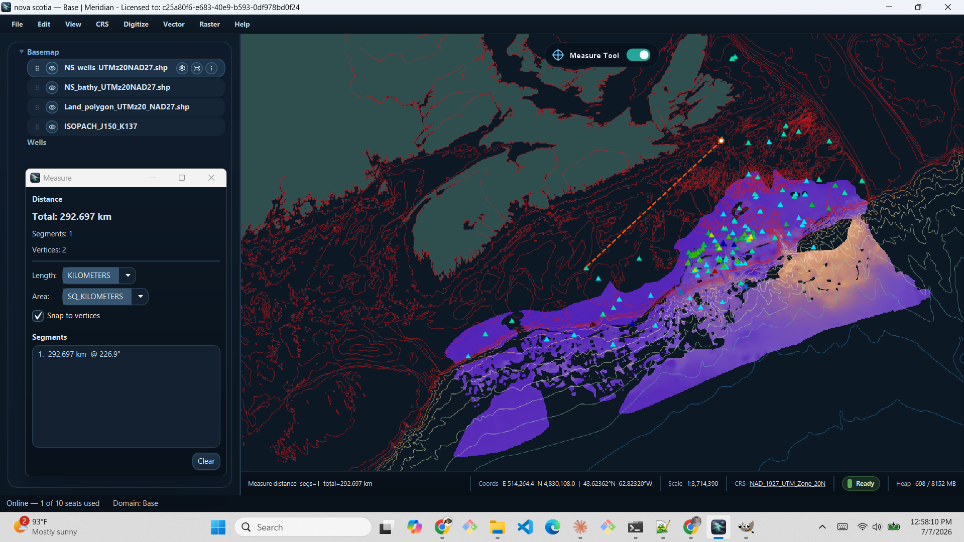 Measure tool in Meridian GIS showing a distance measurement across an offshore basin with segment bearing and length
